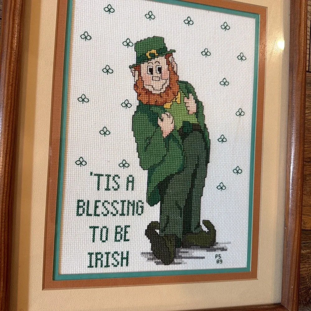 VTG 1989 Framed Irish Leprechaun Cross Stitch 